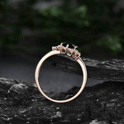 Hexagon cut black rutilated quartz ring vintage unique engagement ring rose gold marquise cluster black spinel dainty wedding ring women