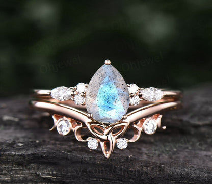 Blue Labradorite ring pear shaped Labradorite engagement ring set art deco unique rose gold engagement ring moissanite norse viking ring