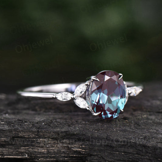 Alexandrite ring vintage oval cut engagement ring flower unique white gold engagement ring cluster moissanite ring anniversary ring gifts