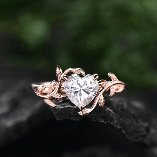 Moissanite ring vintage Heart shaped moissanite engagement ring leaf rose gold Solitaire Alternative nature inspired engagement ring women