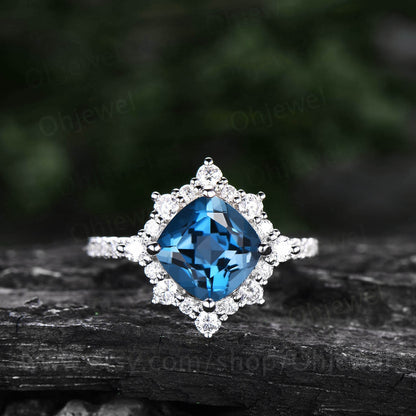 London blue topaz ring unique engagement ring set Cushion cut unique rose gold engagement ring antique moissanite ring bridal ring set women