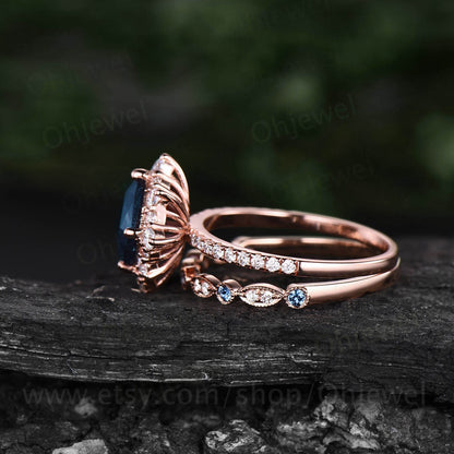 London blue topaz ring unique engagement ring set Cushion cut unique rose gold engagement ring antique moissanite ring bridal ring set women