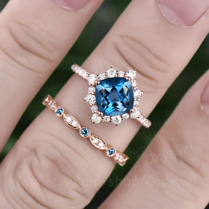 London blue topaz ring unique engagement ring set Cushion cut unique rose gold engagement ring antique moissanite ring bridal ring set women