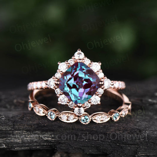 Alexandrite ring Cushion cut alexandrite engagement ring set halo unique rose gold engagement ring women promise bridal wedding ring women