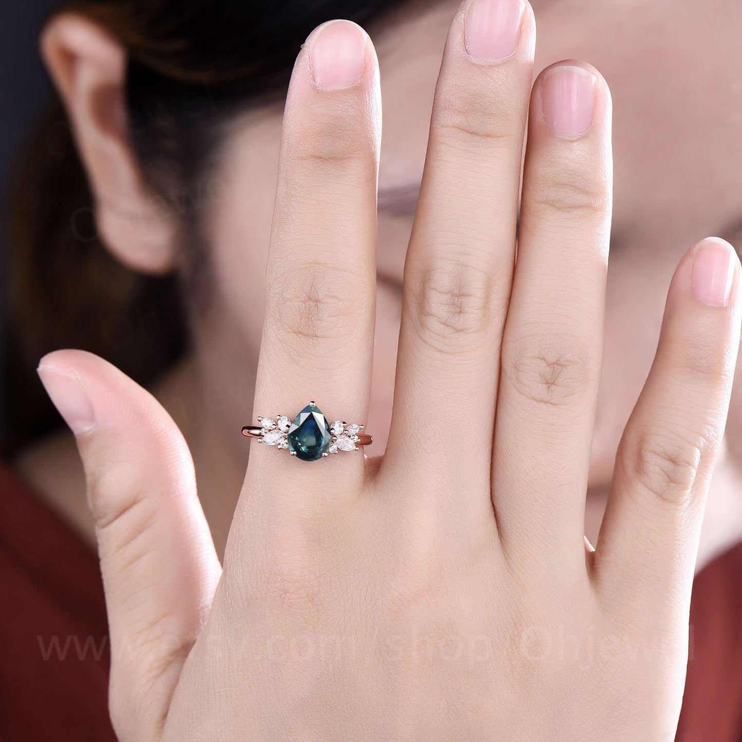Pear shaped green teal sapphire ring gold vintage teal sapphire engagement ring unique cluster engagement ring marquise diamond ring women