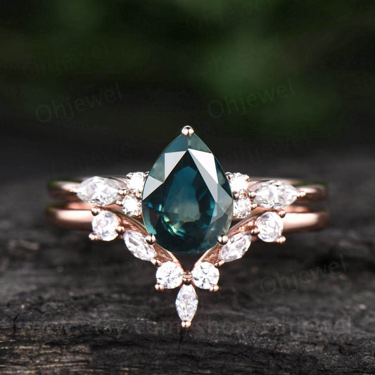Pear shaped teal green sapphire engagement ring set marquise unique rose gold engagement ring diamond ring promise bridal wedding ring set