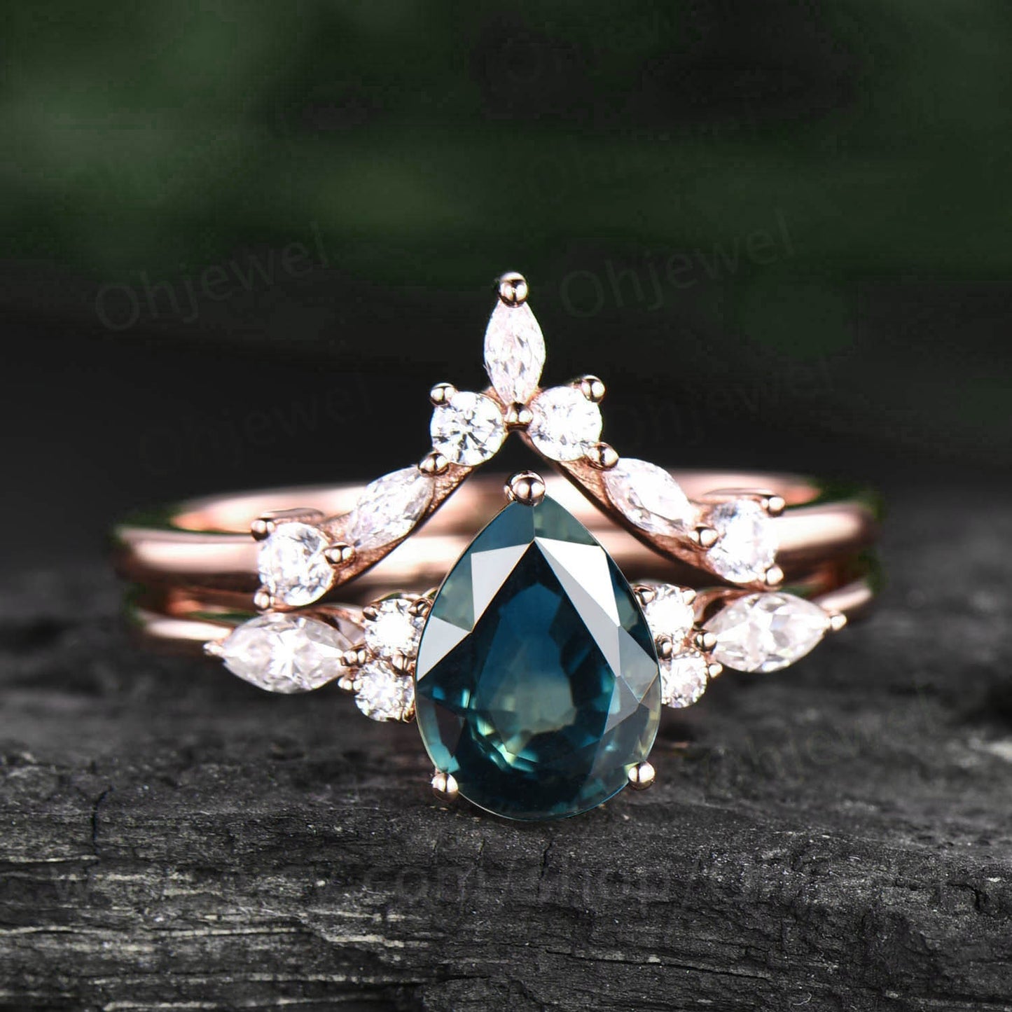 Pear shaped teal green sapphire engagement ring set marquise unique rose gold engagement ring diamond ring promise bridal wedding ring set