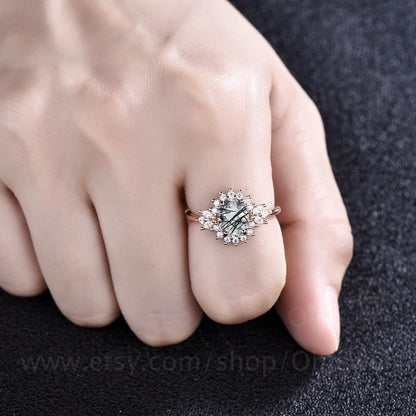 Vintage oval black rutilated quartz ring engagement ring unique halo marquise rose gold engagement ring women moissanite anniversary ring