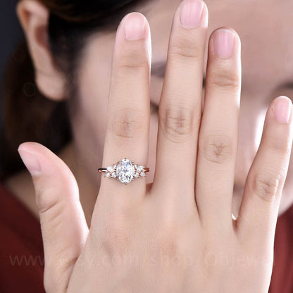 Vintage 2ct oval moissanite engagement ring yellow gold unique marquise cluster engagement ring women diamond ring set promise ring set her