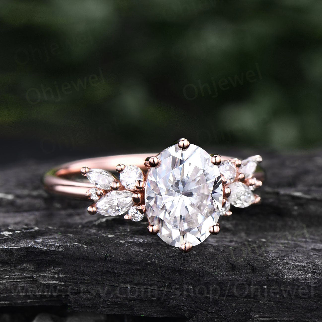 2ct Moissanite ring vintage oval moissanite engagement ring rose gold unique cluster 6 prong engagement ring diamond wedding ring for women