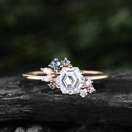 Hexagon cut moissanite ring gold silver vintage unique engagement ring cluster Alexandrite  ring art deco diamond wedding ring for women