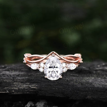 Moissanite ring set rose gold vintage pear shaped moissanite engagement ring set art deco stacking ring set unique wedding ring set women