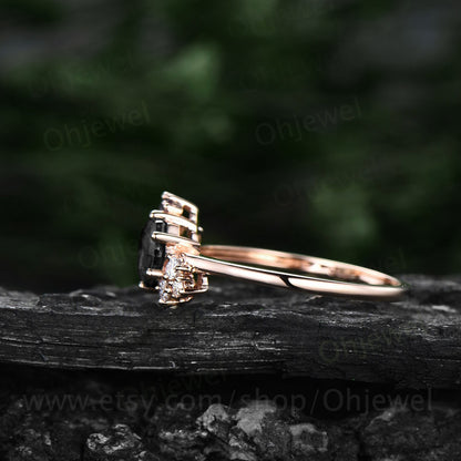 Hexagon cut black rutilated quartz ring vintage unique engagement ring rose gold marquise cluster black spinel dainty wedding ring women
