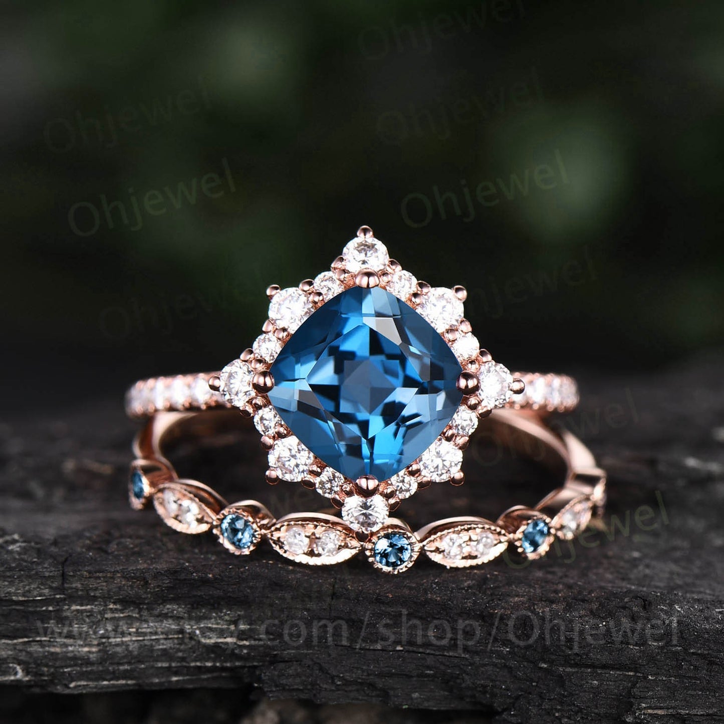 London blue topaz ring unique engagement ring set Cushion cut unique rose gold engagement ring antique moissanite ring bridal ring set women