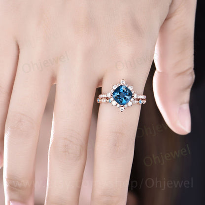 London blue topaz ring unique engagement ring set Cushion cut unique rose gold engagement ring antique moissanite ring bridal ring set women