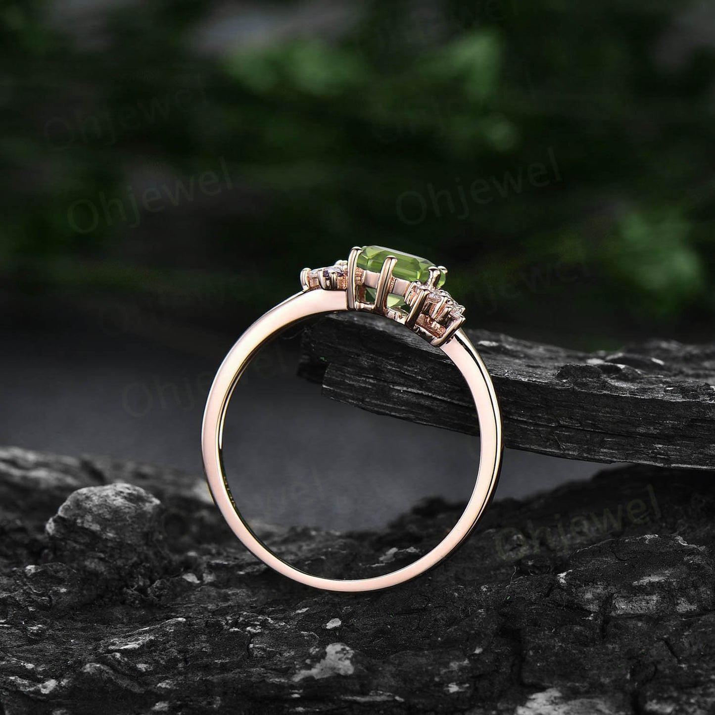 Peridot ring vintage Hexagon cut peridot engagement ring rose gold unique cluster engagement ring women marquise cut diamond promise ring