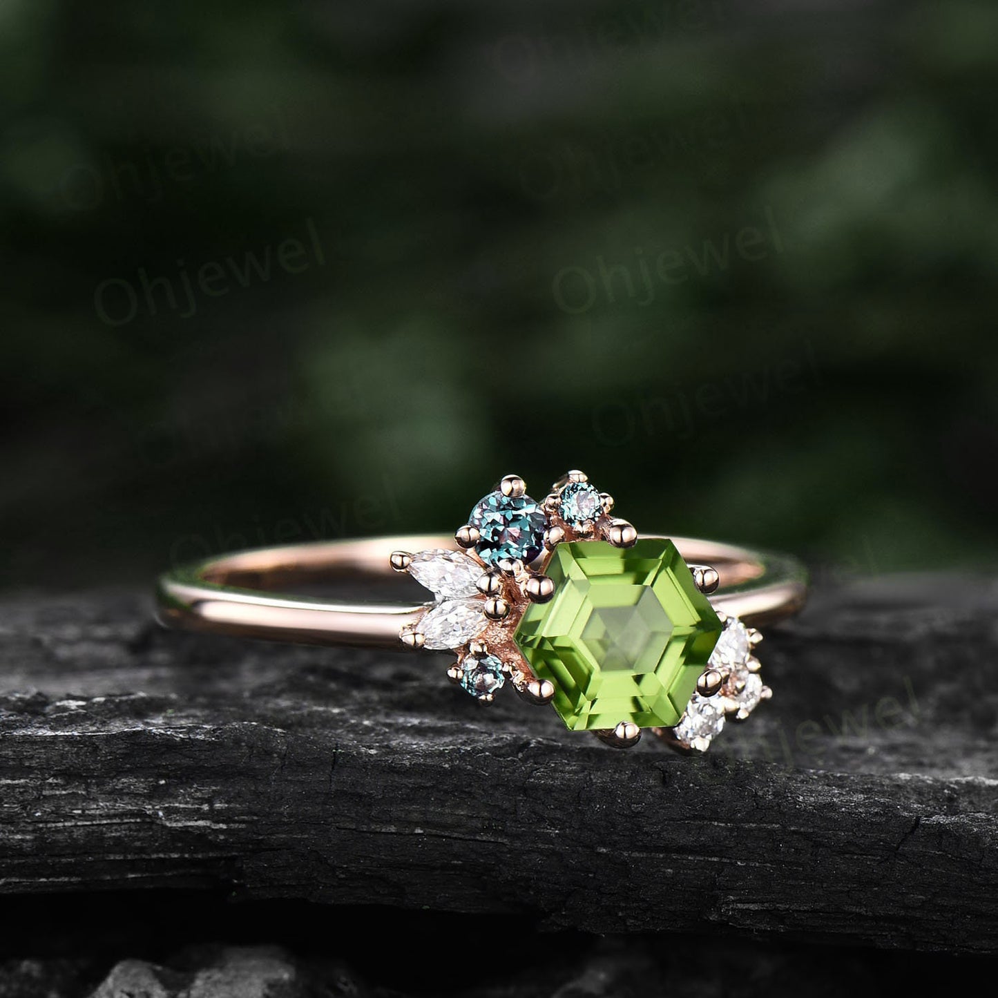 Peridot ring vintage Hexagon cut peridot engagement ring rose gold unique cluster engagement ring women marquise cut diamond promise ring