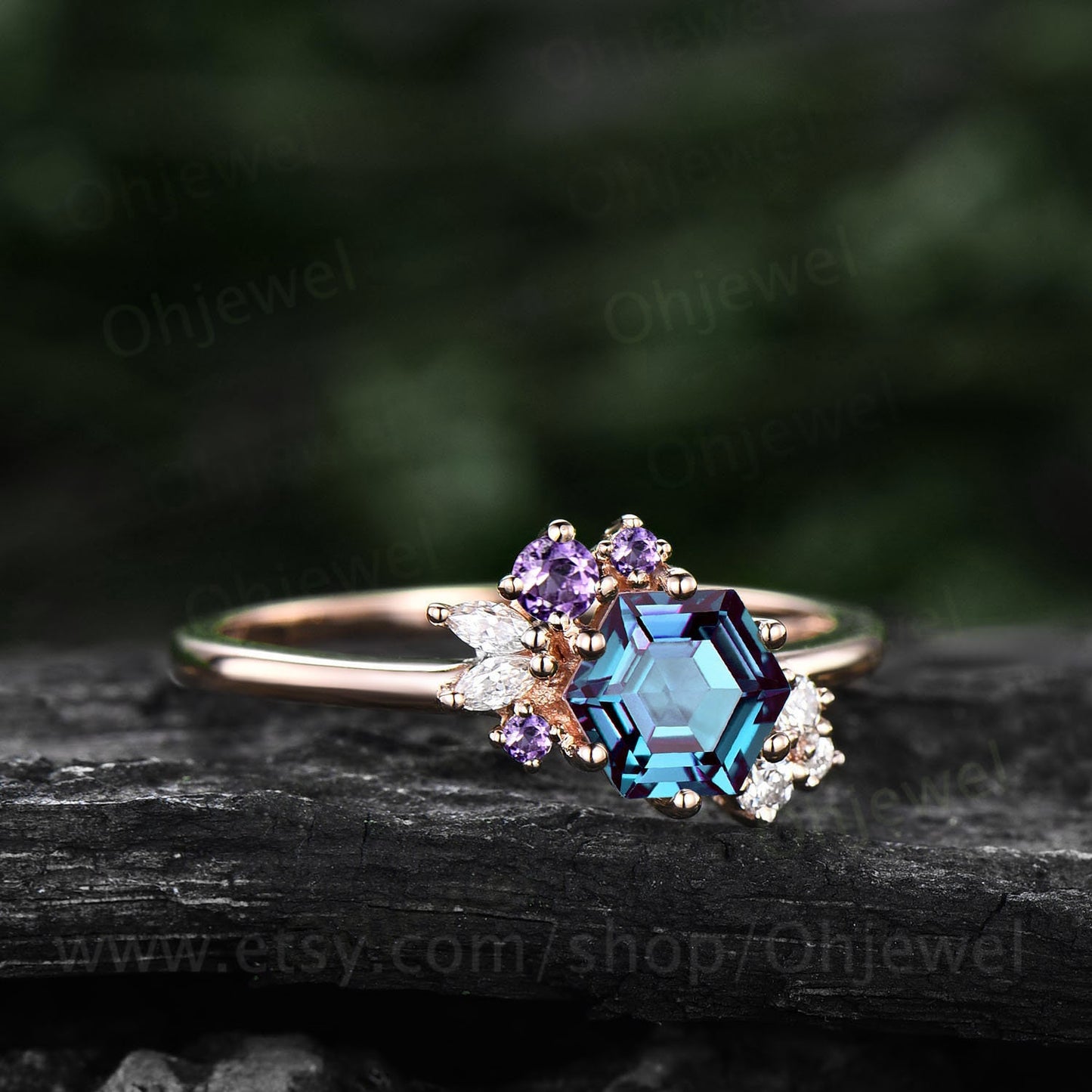 2ct Hexagon cut Alexandrite engagement ring 14k rose gold cluster diamond ring vintage amethyst ring women 6 prong unique wedding ring gifts