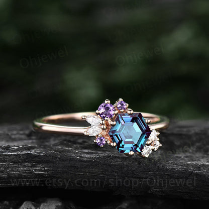 1ct Hexagon cut Alexandrite engagement ring 14k rose gold dainty cluster moissanite amethyst ring vintage unique wedding ring for women gift