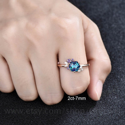 2ct Hexagon cut Alexandrite engagement ring 14k rose gold cluster diamond ring vintage amethyst ring women 6 prong unique wedding ring gifts