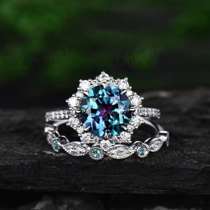 2ct Alexandrite ring set vintage Alexandrite engagement ring set unique halo rose gold engagement ring moissanite wedding ring set women