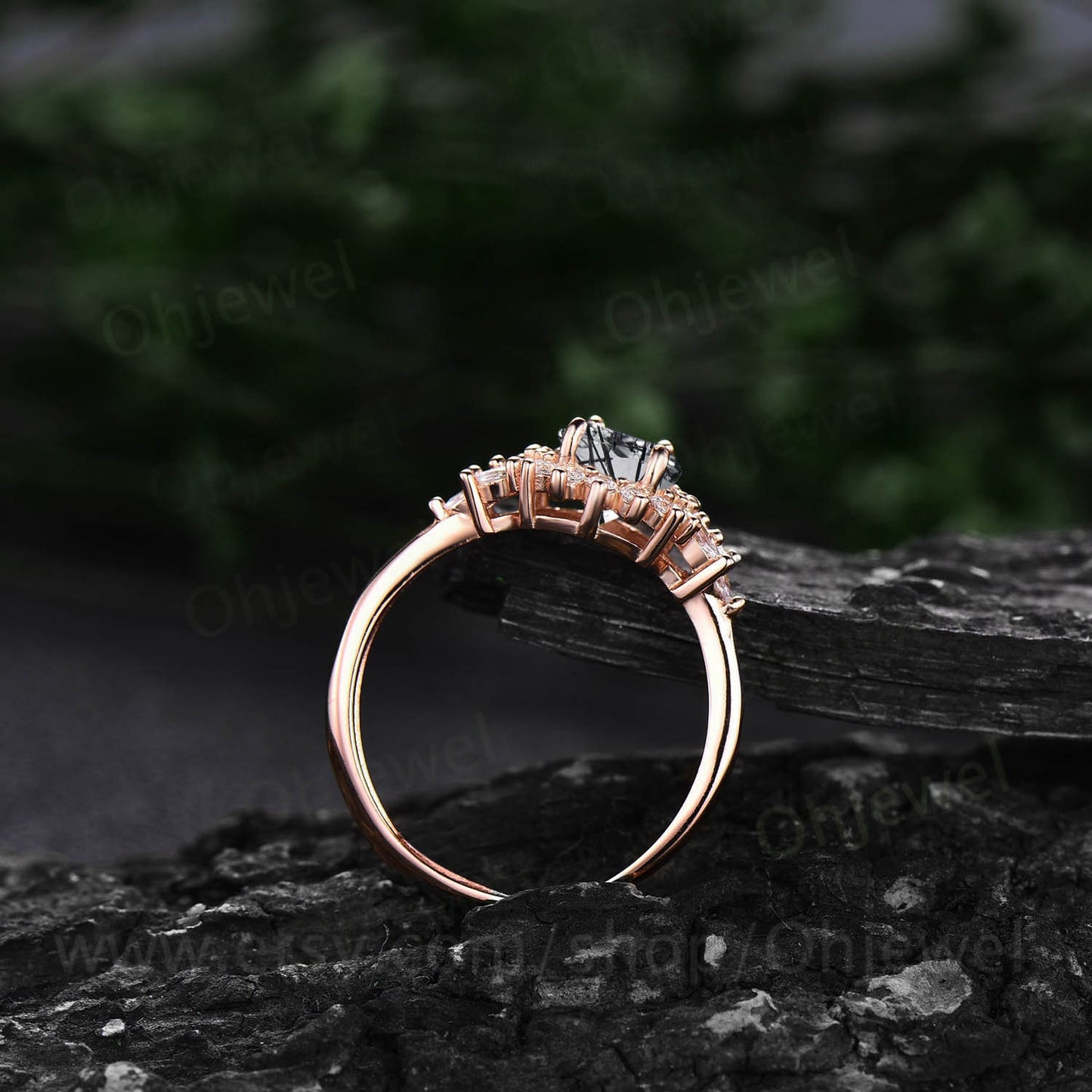 Vintage oval black rutilated quartz ring engagement ring unique halo marquise rose gold engagement ring women moissanite anniversary ring