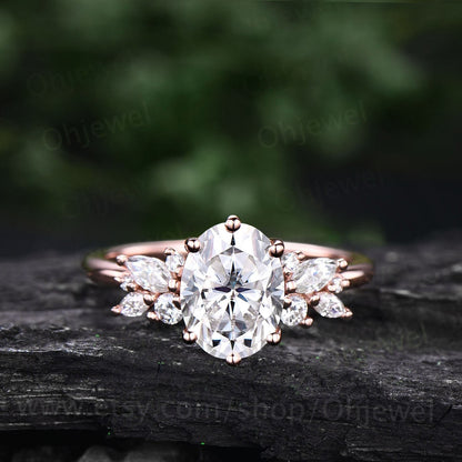Vintage 2ct oval moissanite engagement ring yellow gold unique marquise cluster engagement ring women diamond ring set promise ring set her