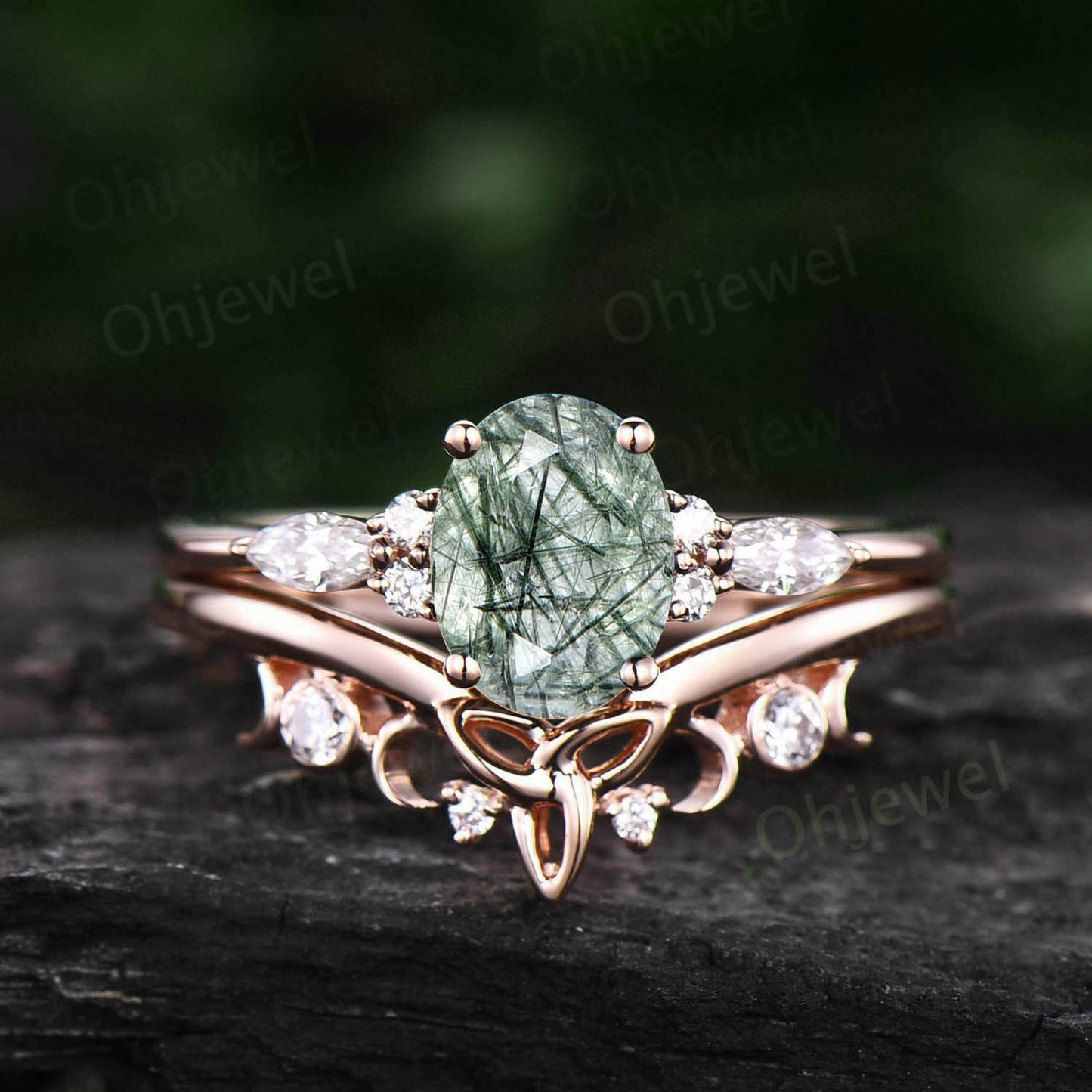 Unique wedding ring set oval cut green Rutilated Quartz engagement ring set women marquise diamond ring 14k rose gold promise ring gifts