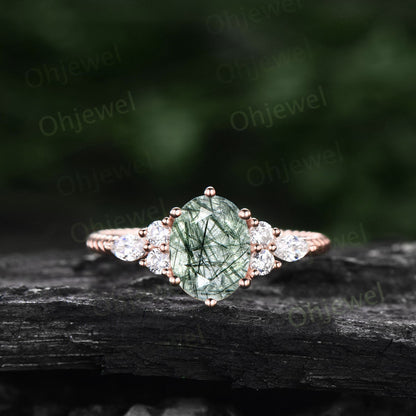 Vintage oval cut green rutilated quartz ring engagement ring art deco moissanite ring women solid 14k rose gold wedding promise ring gift
