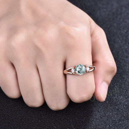 Round cut moss agate ring three stone engagement ring 14k rose gold split shank moissanite ring women promise anniversary wedding ring gifts