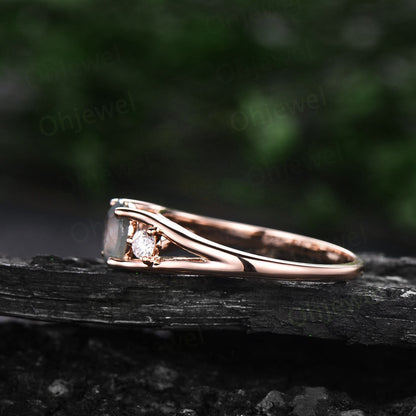 Round cut moss agate ring three stone engagement ring 14k rose gold split shank moissanite ring women promise anniversary wedding ring gifts