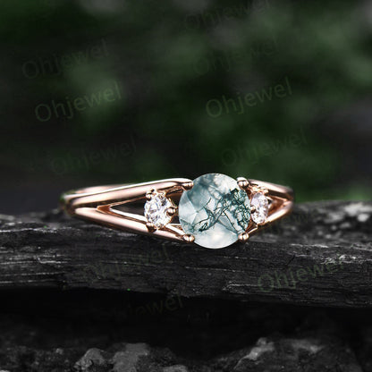 2ct Round cut moss agate ring three stone engagement ring rose gold split shank moissanite ring women promise anniversary wedding ring gifts