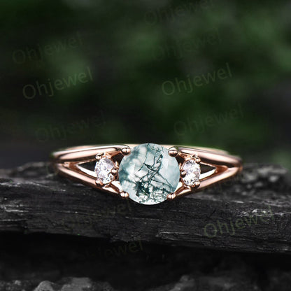 2ct Round cut moss agate ring three stone engagement ring rose gold split shank moissanite ring women promise anniversary wedding ring gifts