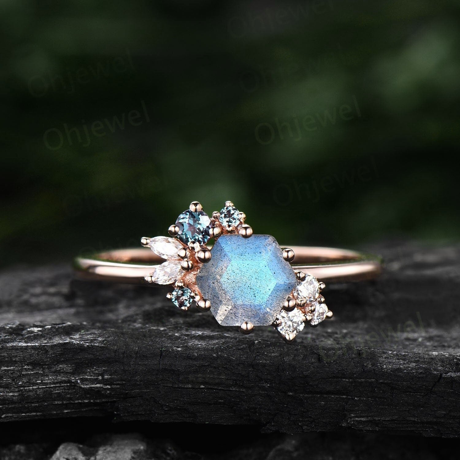 Hexagon Cut Blue Labradorite Ring Gold Silver Vintage Unique Engagement Ring Cluster Alexandrite Ring Art Deco Diamond Promise Ring Women Moissanites