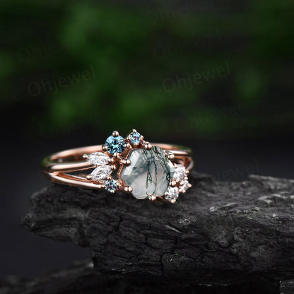 2ct Hexagon cut moss agate engagement ring 14k rose gold cluster alexandrite ring 6 prong split shank diamond promise wedding ring women