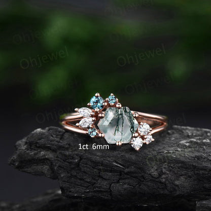 2ct Hexagon cut moss agate engagement ring 14k rose gold cluster alexandrite ring 6 prong split shank diamond promise wedding ring women