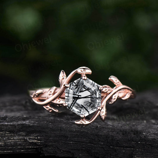 Vintage Hexagon cut black rutilated quartz engagement ring rose gold leaf flower nature inspired solitaire anniversary wedding ring women