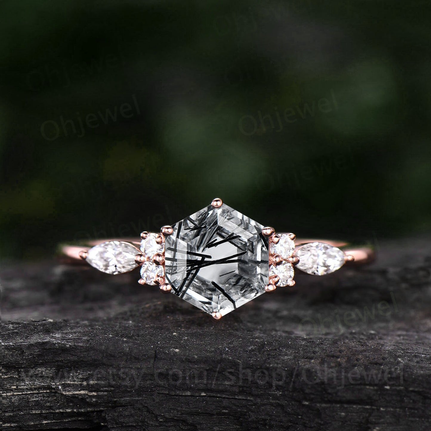 Hexagon cut black rutilated quartz engagement ring vintage art deco moissanite ring rose gold 6 prong anniversary promise ring women gifts