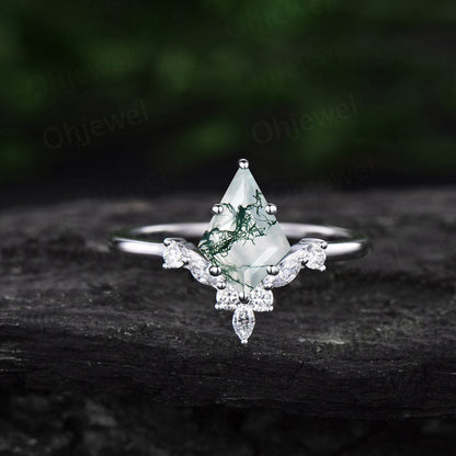 6 prong kite cut green moss agate engagement ring 14k rose gold marquise diamond ring vintage unique wedding promise anniversary ring women