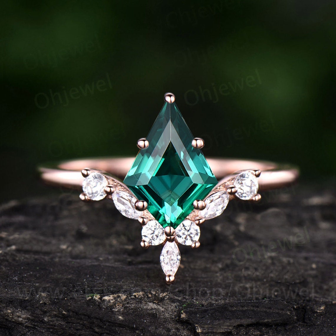 7x10mm kite cut green emerald engagement ring rose gold 6 prong unique diamond anniversary promise wedding ring women May birthstoner ring