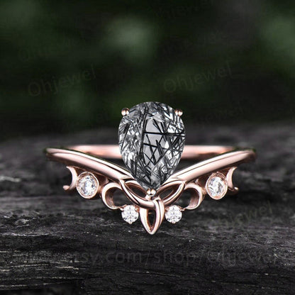 Pear shaped black Rutilated Quartz ring unique engagement ring fiver stone norse viking ring jewelry rose gold silver diamond ring women