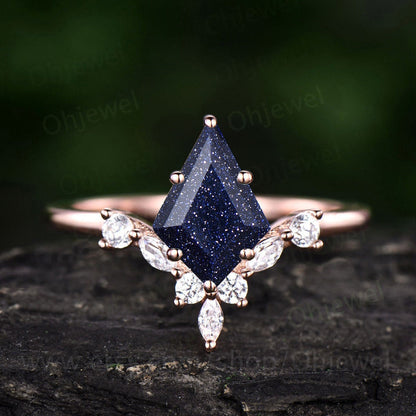 6 prong kite cut blue sandstone ring goldstone ring engagement ring 14k white gold silver art deco moissanite ring women promise anniversary