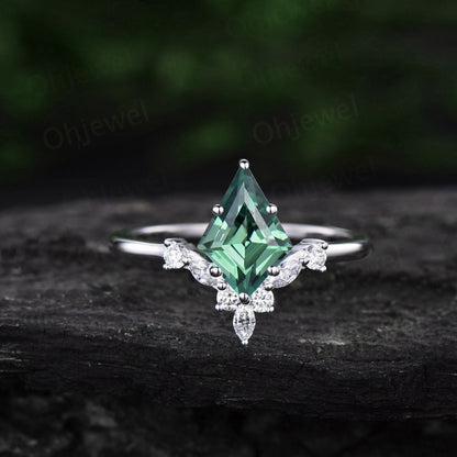 7x10mm kite cut teal green sapphire engagement ring 14k rose gold 6 prong marquise cut diamond ring women wedding promise anniversary ring