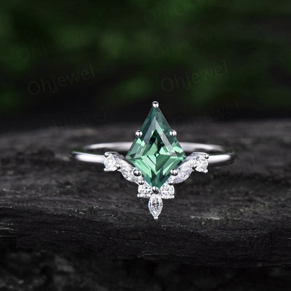7x10mm kite cut teal green sapphire engagement ring set 14k rose gold 6 prong marquise cut diamond wedding promise anniversary ring women