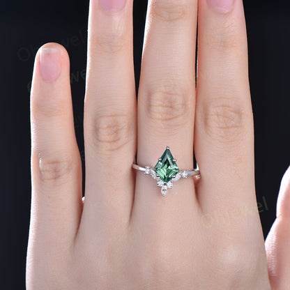 7x10mm kite cut teal green sapphire engagement ring set 14k rose gold 6 prong marquise cut diamond wedding promise anniversary ring women