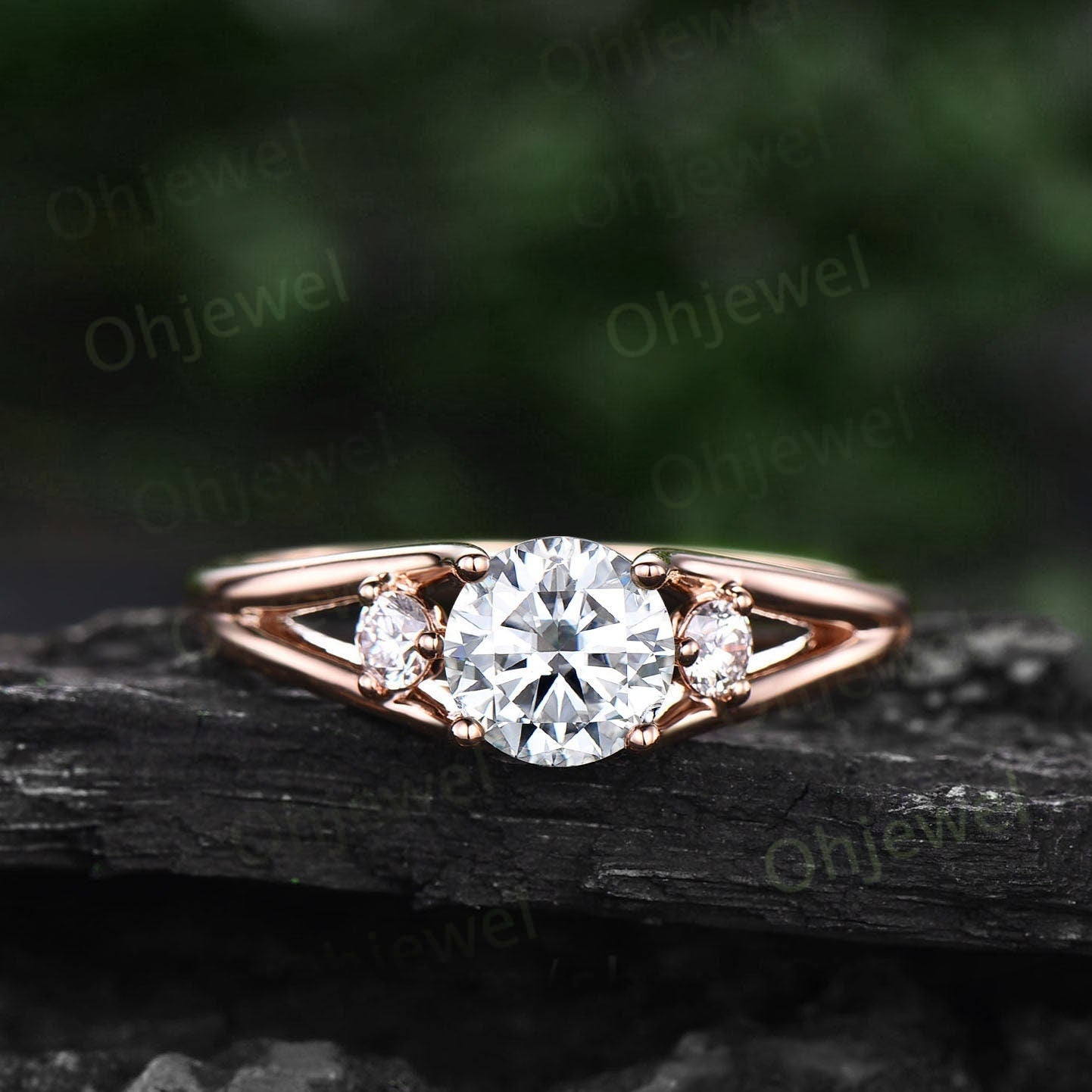 2ct Round cut moissanite ring three stone split shank engagement ring vintage 14k yellow gold silver unique promise wedding ring for women