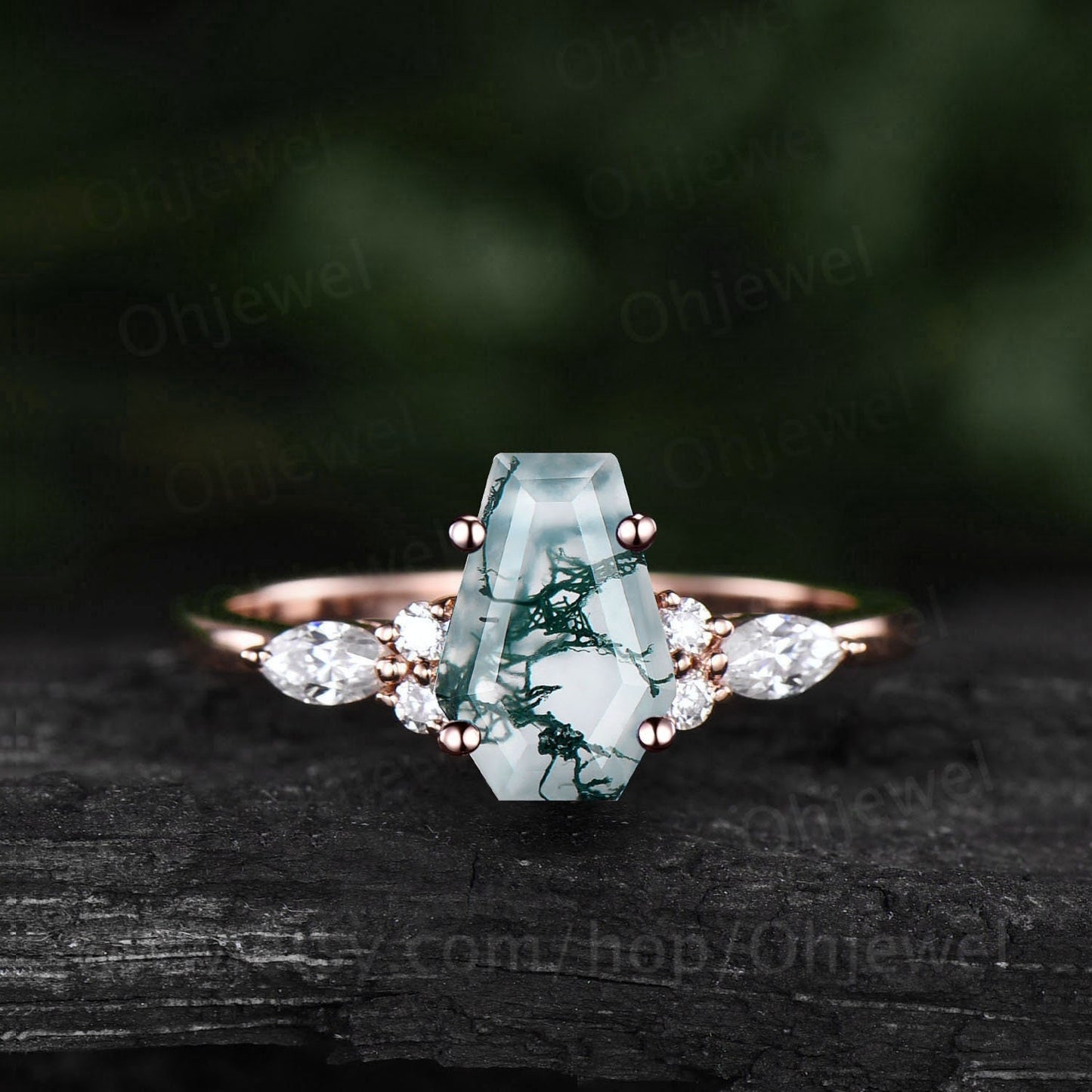 Coffin shaped green moss agate ring unique engagement ring 14k rose gold silver art deco diamond ring women anniversary wedding promise ring