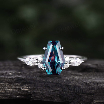 Coffin shaped Alexandrite ring unique engagement ring 14k rose gold silver marquise cut diamond ring anniversary wedding promise ring women
