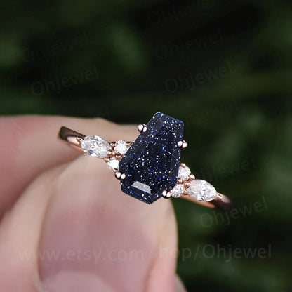 Coffin shaped blue sandstone ring unique engagement ring 14k rose gold silver blue goldstone ring diamond anniversary  promise ring women