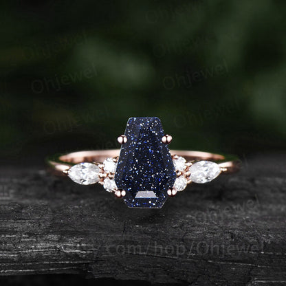Coffin shaped blue sandstone ring unique engagement ring 14k rose gold silver blue goldstone ring diamond anniversary  promise ring women